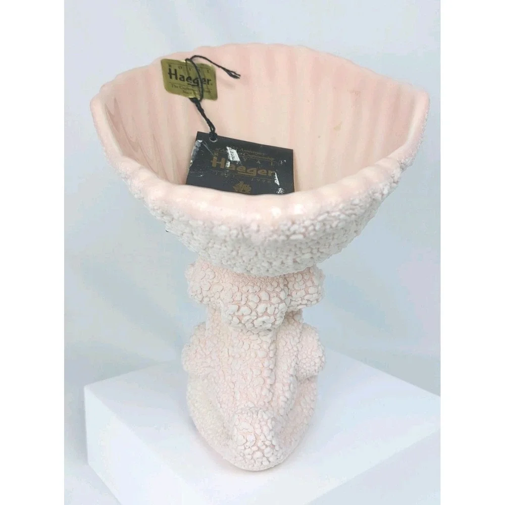 Vintage 1994 Royal Haeger Nautilus Pedestal Clam‎ Shell Pink Lava Glaze Dish New